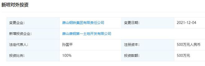 唐山钢铁集团有限责任公司新增对唐钢第一土地开发有限公司投资